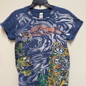 Rare Vintage Ed Hardy Men’s/Women’s Two Sided Tiger and Dragon - Blue and Orange